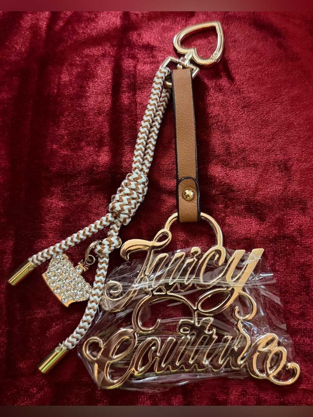 Juicy Couture Gold Logo Keyring with Tan Strap and Crystal Crown